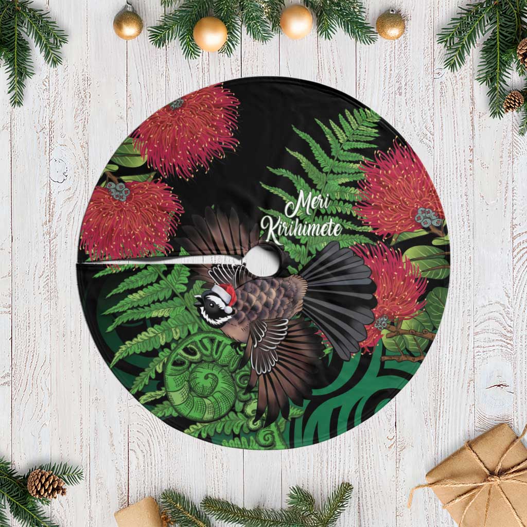 Meri Kirihimete New Zealand Tree Skirt Piwakawaka Koru Fern Mix Pohutukawa LT14 Casual Black - Polynesian Pride