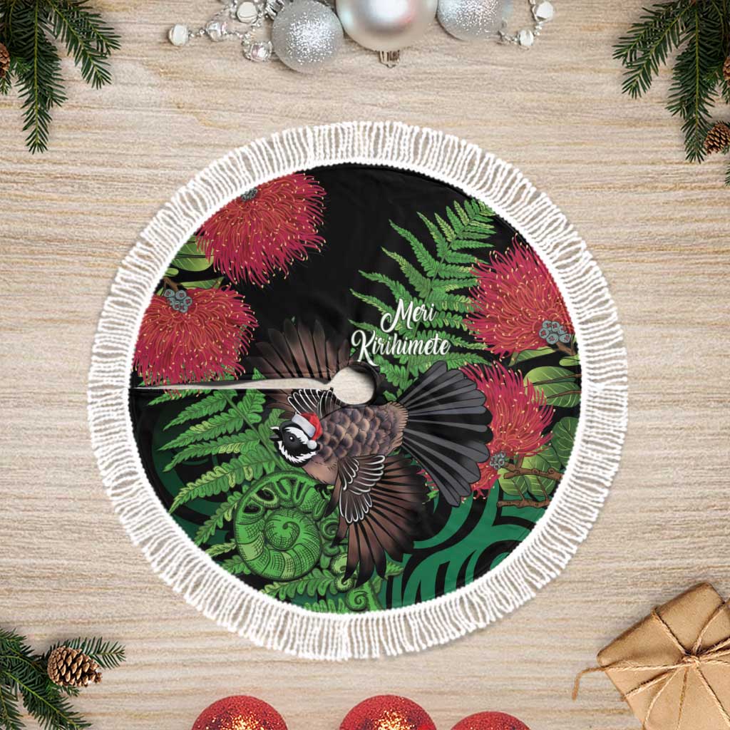 Meri Kirihimete New Zealand Tree Skirt Piwakawaka Koru Fern Mix Pohutukawa LT14 Fringed Black - Polynesian Pride