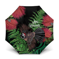 Meri Kirihimete New Zealand Umbrella Piwakawaka Koru Fern Mix Pohutukawa LT14 One Size Folded 11.42 inch Opened Diameter 37.4 inch Black - Polynesian Pride