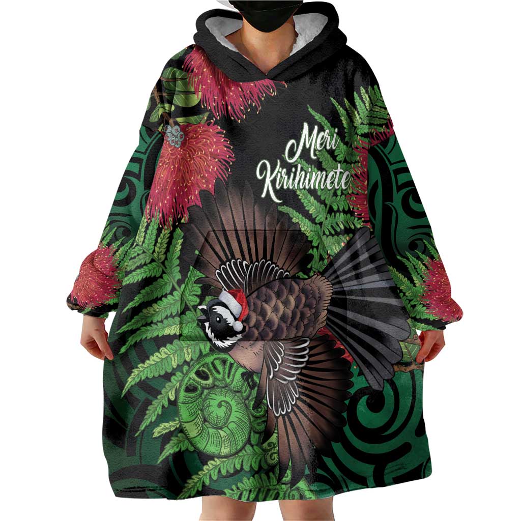 Meri Kirihimete New Zealand Wearable Blanket Hoodie Piwakawaka Koru Fern Mix Pohutukawa LT14 - Polynesian Pride