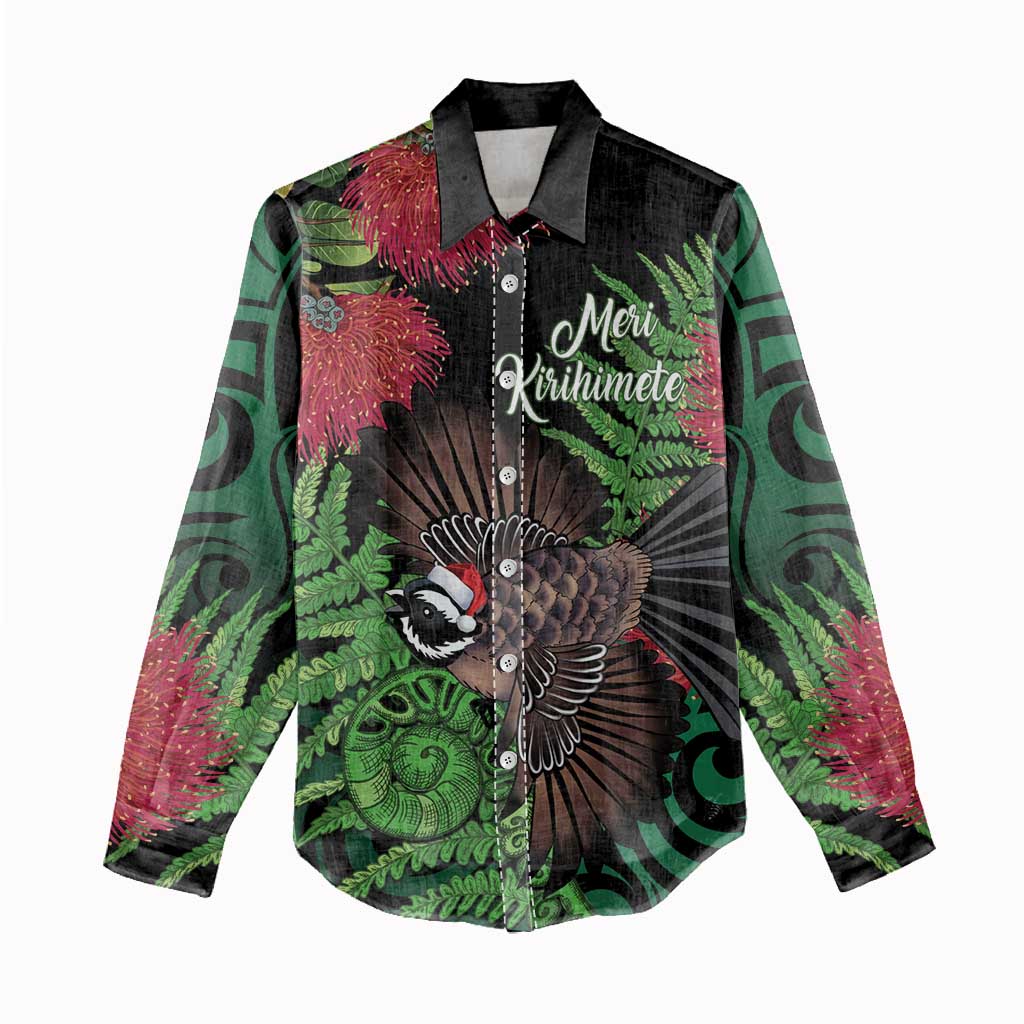 Meri Kirihimete New Zealand Women Casual Shirt Piwakawaka Koru Fern Mix Pohutukawa LT14 - Polynesian Pride