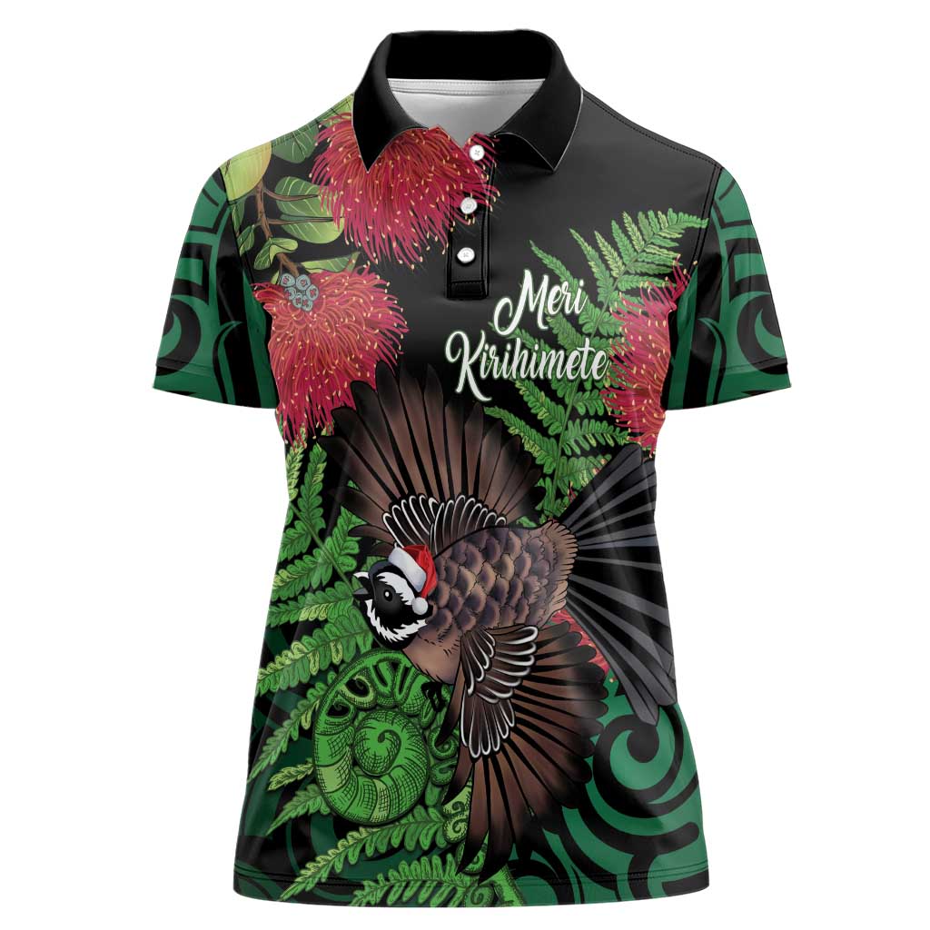 Meri Kirihimete New Zealand Women Polo Shirt Piwakawaka Koru Fern Mix Pohutukawa LT14 Female Black - Polynesian Pride