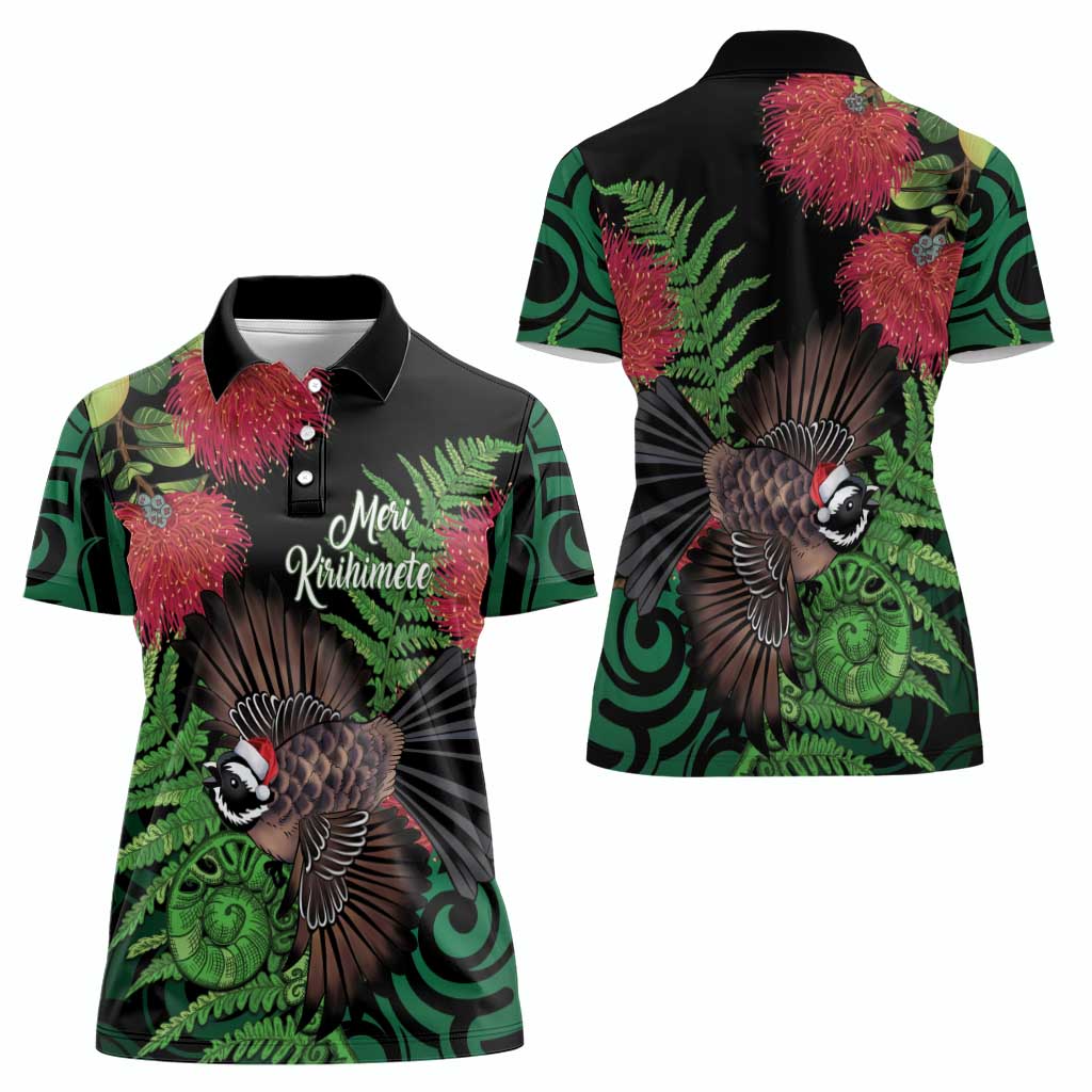 Meri Kirihimete New Zealand Women Polo Shirt Piwakawaka Koru Fern Mix Pohutukawa LT14 - Polynesian Pride