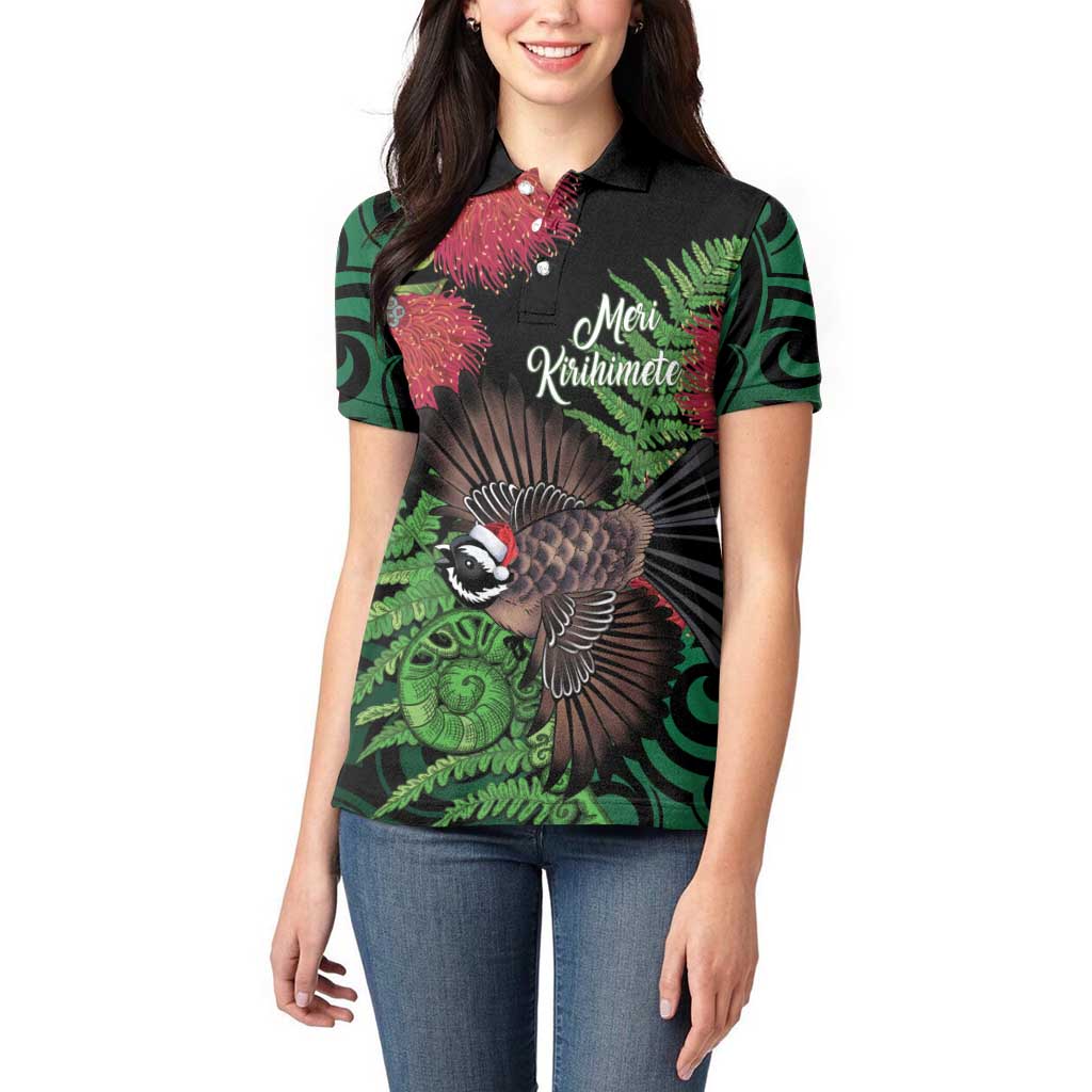 Meri Kirihimete New Zealand Women Polo Shirt Piwakawaka Koru Fern Mix Pohutukawa LT14 - Polynesian Pride