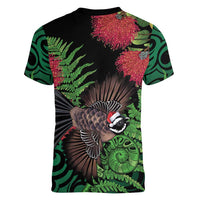 Meri Kirihimete New Zealand Women V-Neck T-Shirt Piwakawaka Koru Fern Mix Pohutukawa LT14 - Polynesian Pride