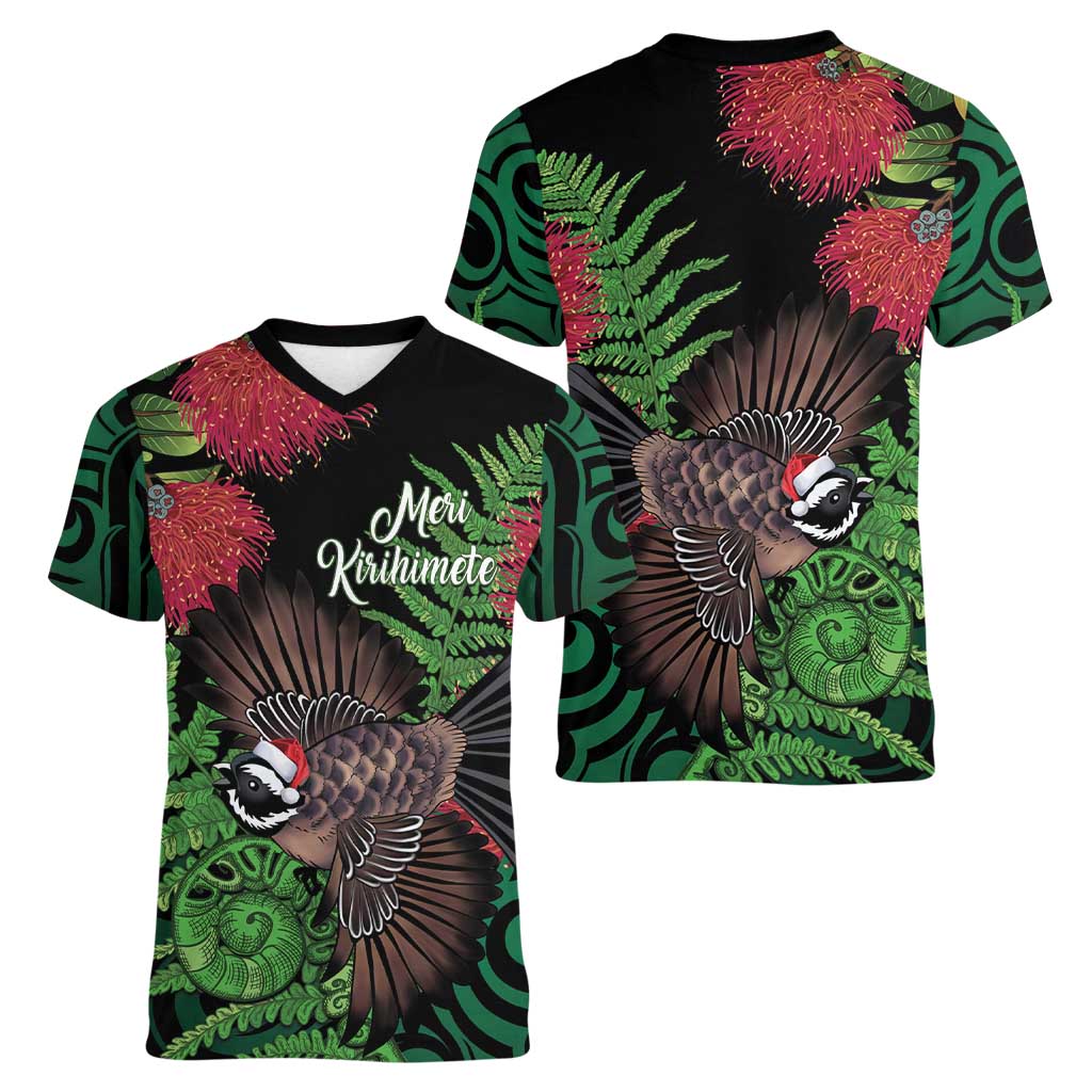 Meri Kirihimete New Zealand Women V-Neck T-Shirt Piwakawaka Koru Fern Mix Pohutukawa LT14 - Polynesian Pride