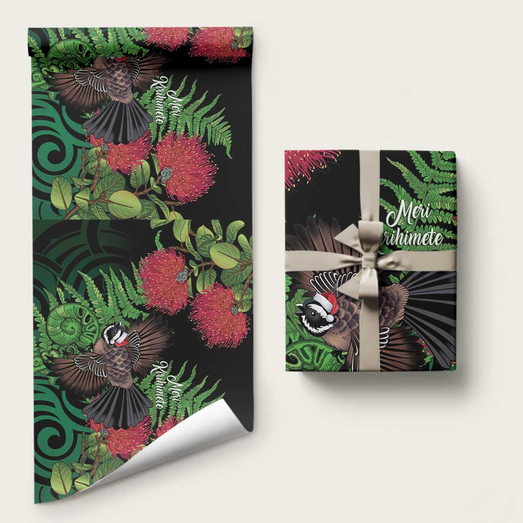 Meri Kirihimete New Zealand Wrapping Paper Piwakawaka Koru Fern Mix Pohutukawa LT14 58" × 23" Black - Polynesian Pride