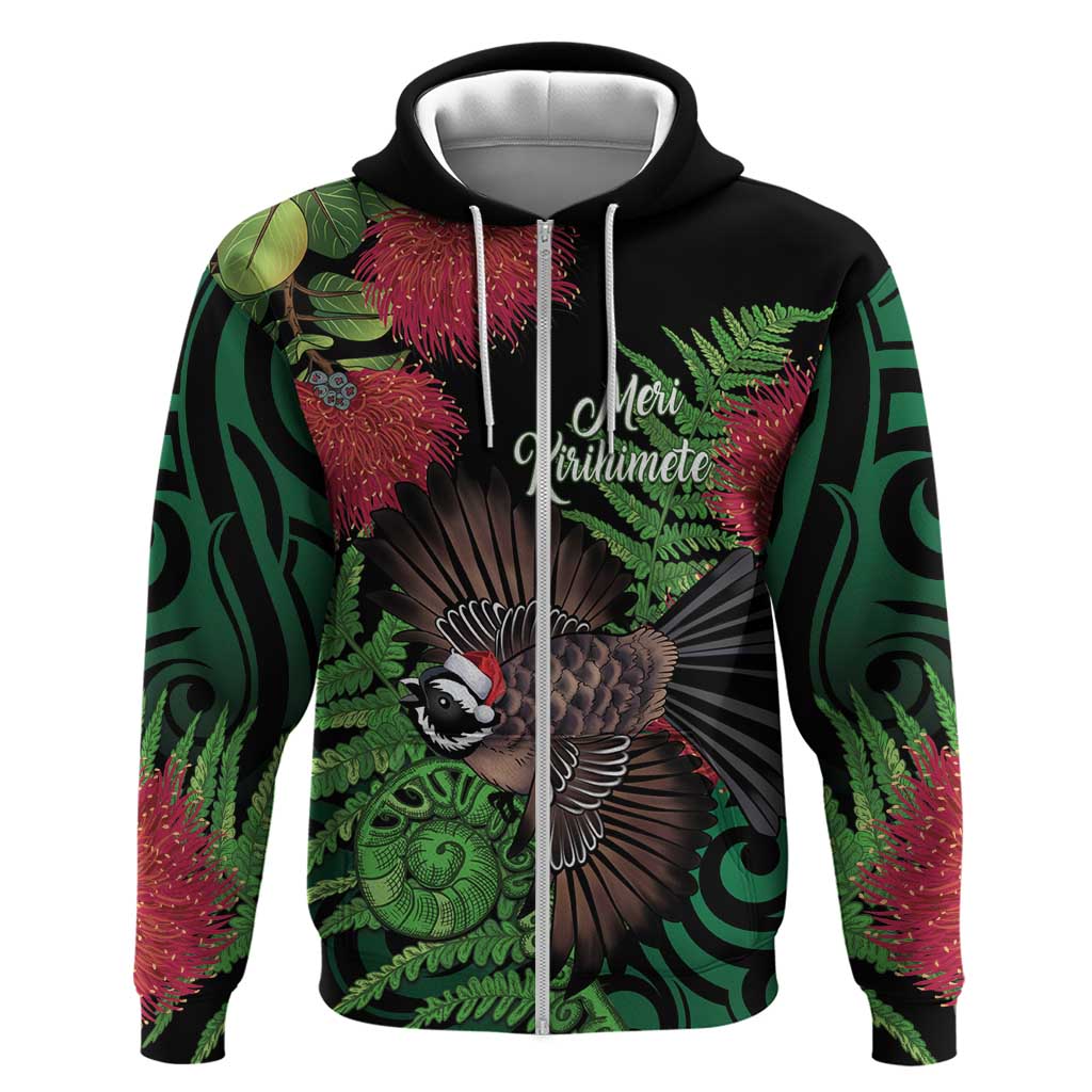 Meri Kirihimete New Zealand Zip Hoodie Piwakawaka Koru Fern Mix Pohutukawa LT14 Zip Hoodie Black - Polynesian Pride