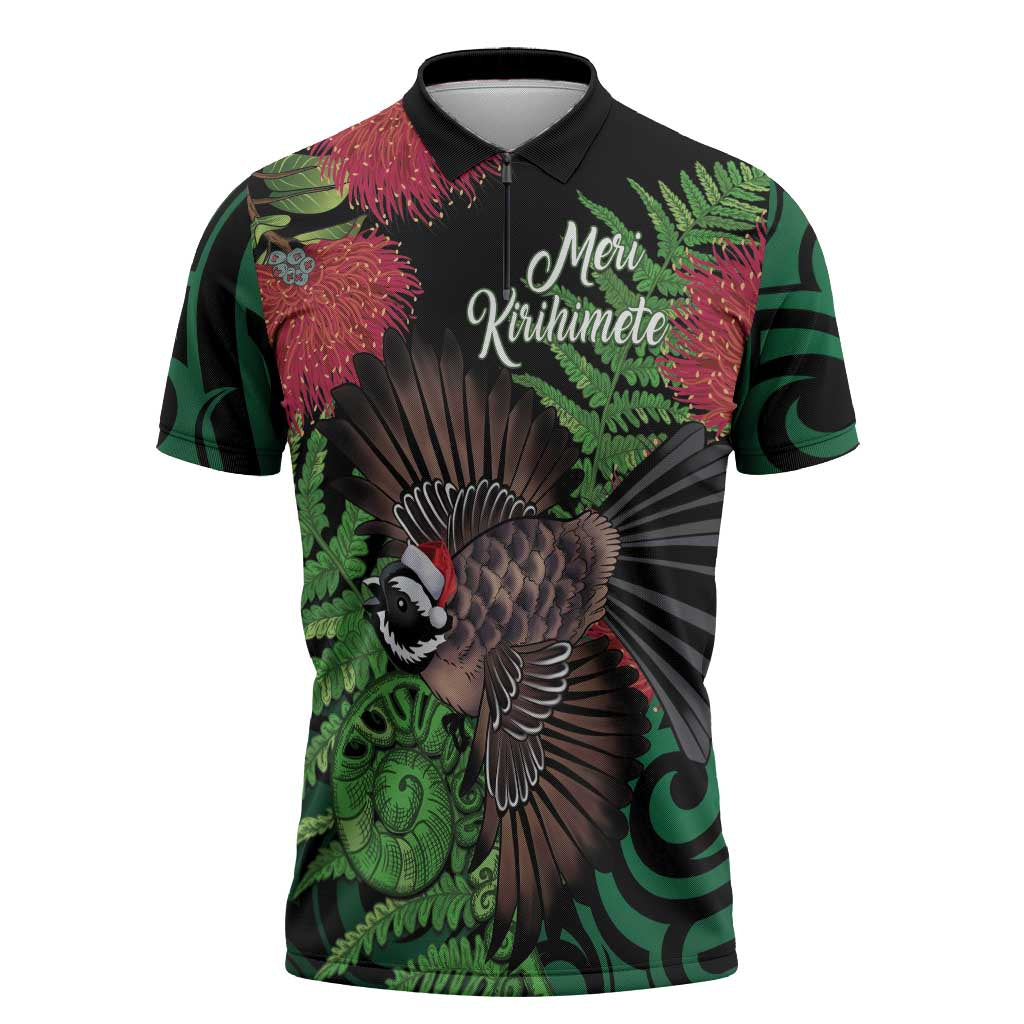Meri Kirihimete New Zealand Zipper Polo Shirt Piwakawaka Koru Fern Mix Pohutukawa LT14 Black - Polynesian Pride