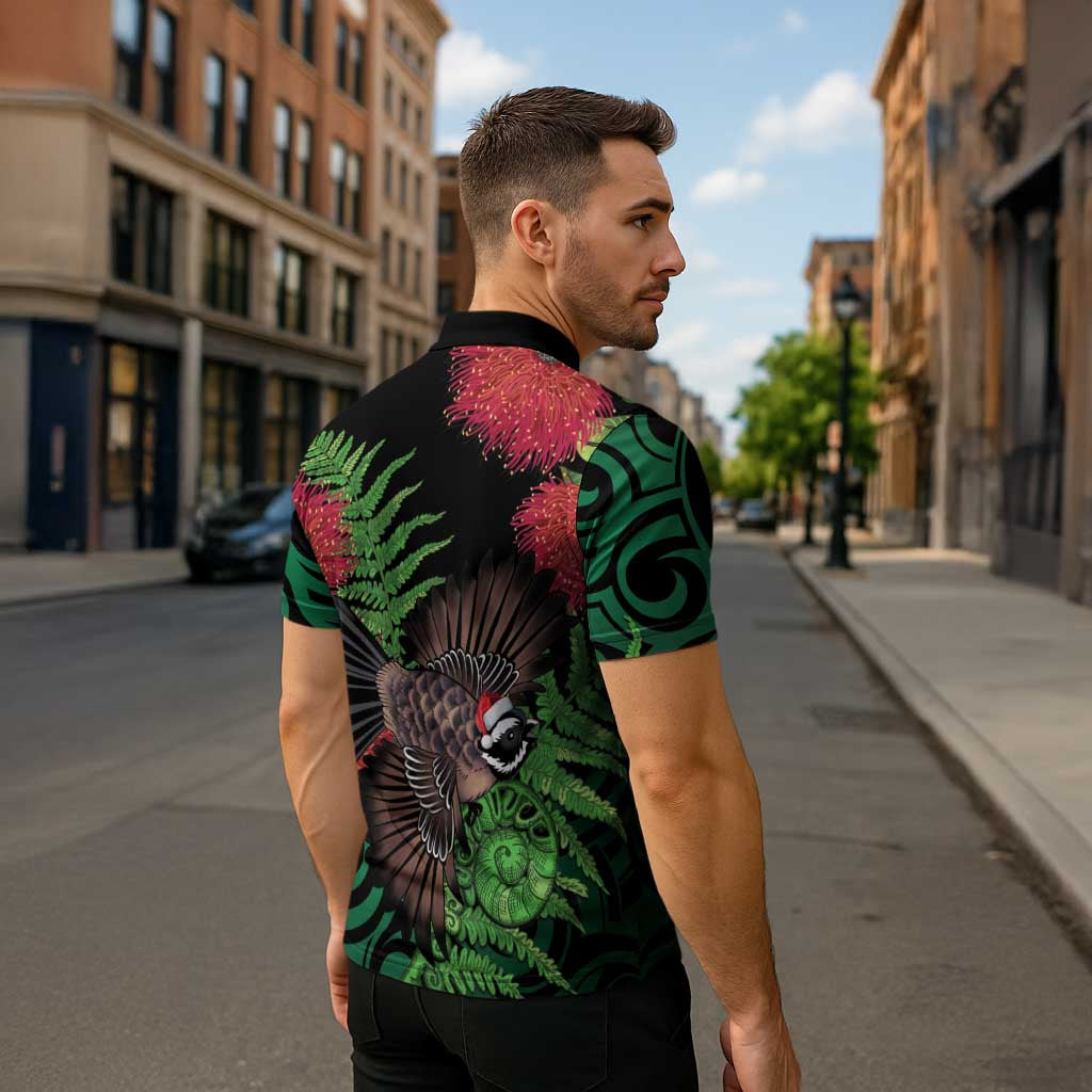 Meri Kirihimete New Zealand Zipper Polo Shirt Piwakawaka Koru Fern Mix Pohutukawa LT14 - Polynesian Pride