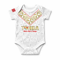 Mate Maa Tonga Rugby Custom Baby Onesie 2026 Tongan Ngatu Pattern LT14 White - Polynesian Pride