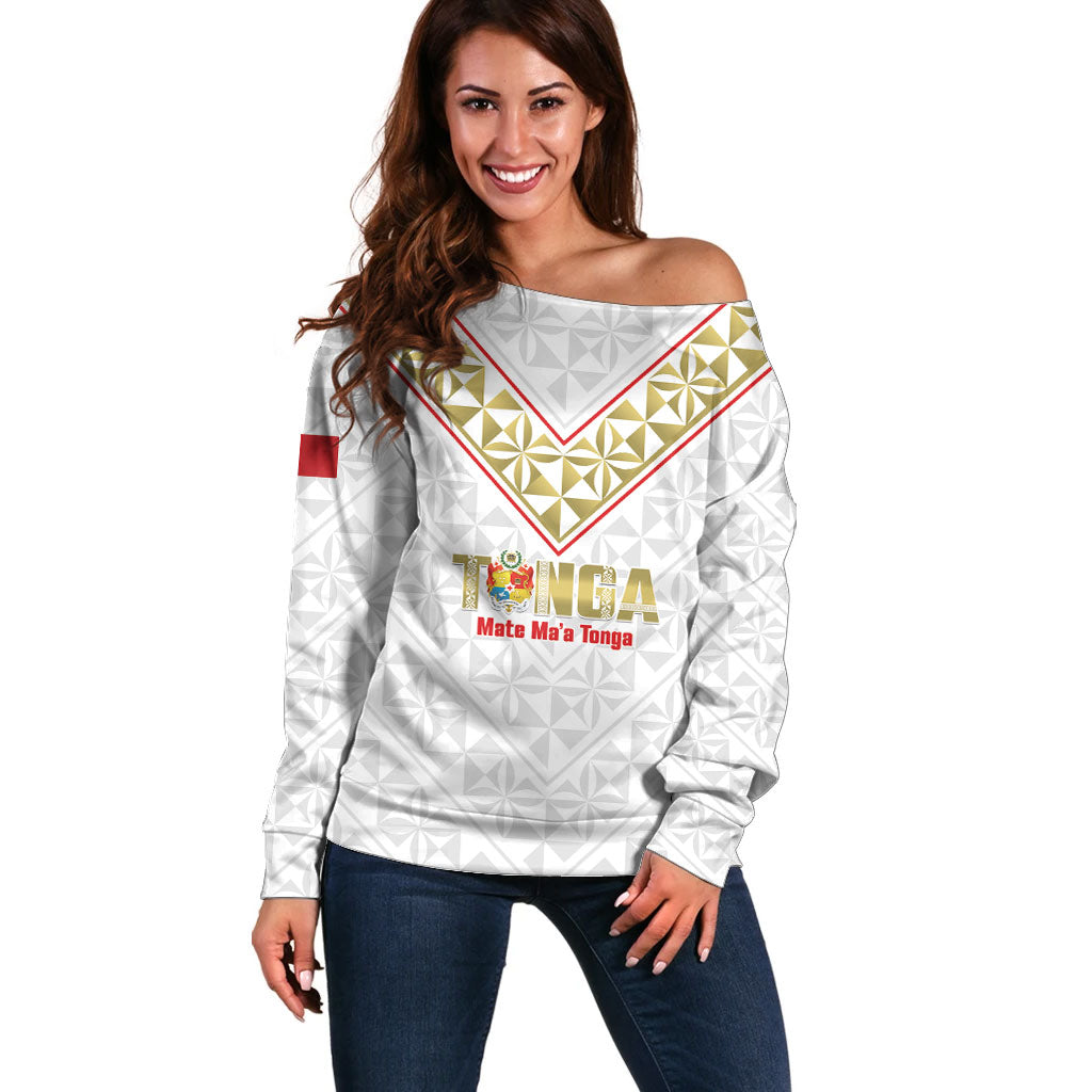 Mate Maa Tonga Rugby Custom Off Shoulder Sweater 2026 Tongan Ngatu Pattern LT14 Women White - Polynesian Pride