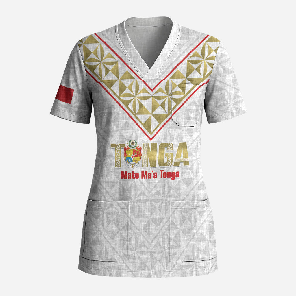 Mate Maa Tonga Rugby Custom Scrub Top 2026 Tongan Ngatu Pattern LT14 Adult White - Polynesian Pride