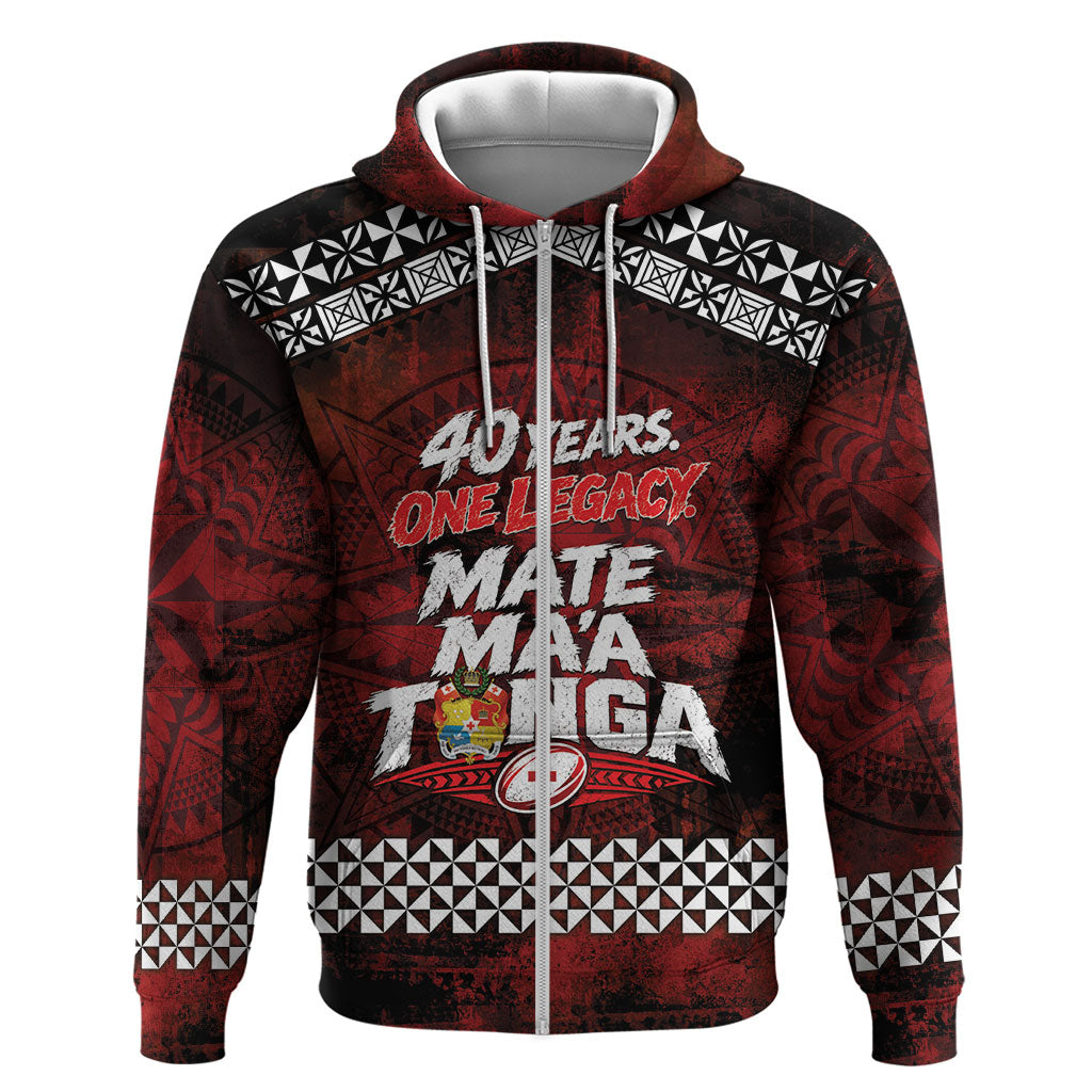 Mate Maa Tonga Rugby 2026 Zip Hoodie 40 Years Anniversary One Legacy LT14 Zip Hoodie Red - Polynesian Pride