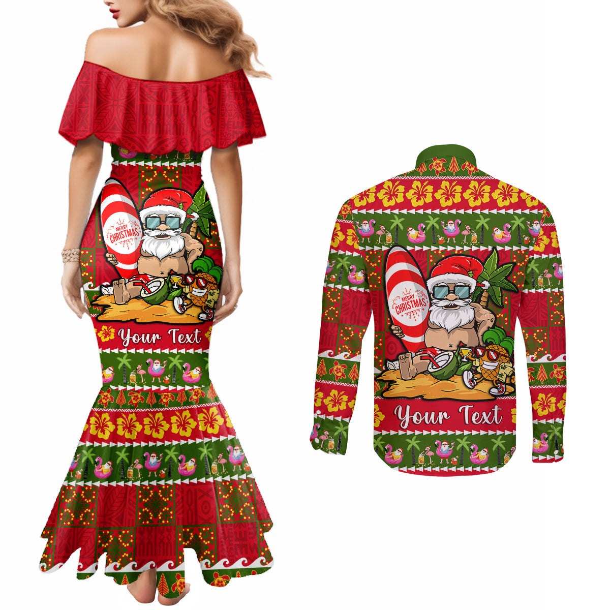 Personalised Hawaii Surfing Santa Christmas Couples Matching Mermaid Dress and Long Sleeve Button Shirt Tropical Pineapple Mele Kalikimaka Quilt Pattern LT14 - Polynesian Pride