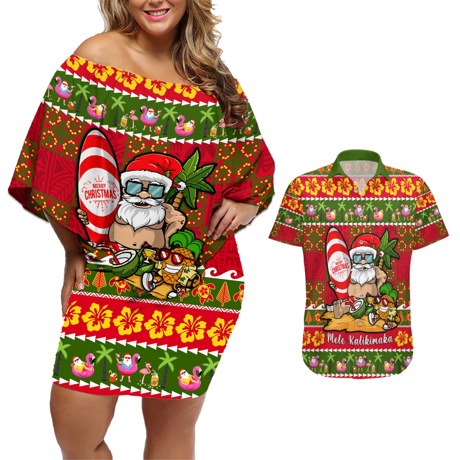 Personalised Hawaii Surfing Santa Christmas Couples Matching Off Shoulder Short Dress and Hawaiian Shirt Tropical Pineapple Mele Kalikimaka Quilt Pattern LT14 Red - Polynesian Pride