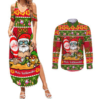 Personalised Hawaii Surfing Santa Christmas Couples Matching Summer Maxi Dress and Long Sleeve Button Shirt Tropical Pineapple Mele Kalikimaka Quilt Pattern LT14 Red - Polynesian Pride
