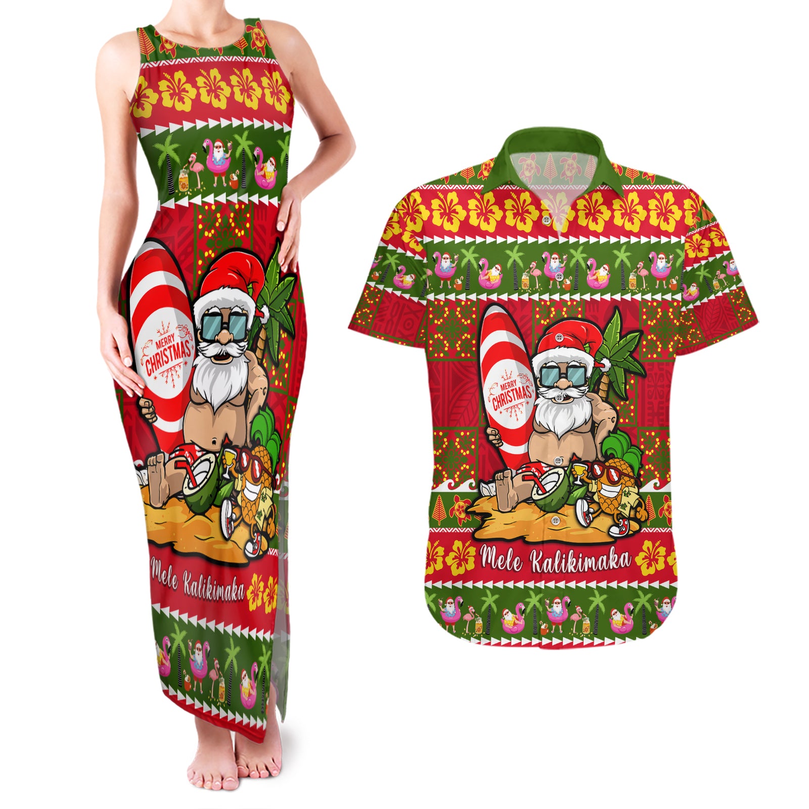 Personalised Hawaii Surfing Santa Christmas Couples Matching Tank Maxi Dress and Hawaiian Shirt Tropical Pineapple Mele Kalikimaka Quilt Pattern LT14 Red - Polynesian Pride