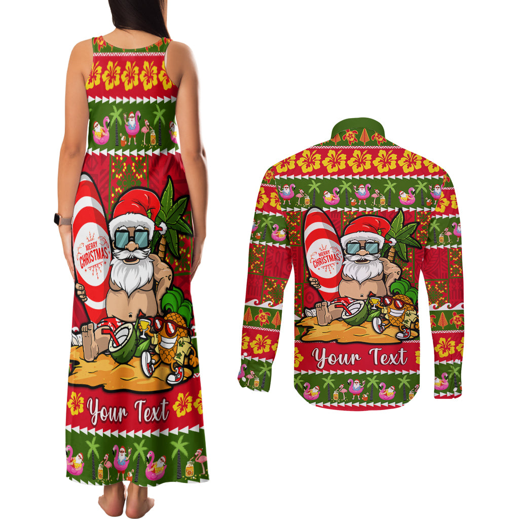 Personalised Hawaii Surfing Santa Christmas Couples Matching Tank Maxi Dress and Long Sleeve Button Shirt Tropical Pineapple Mele Kalikimaka Quilt Pattern LT14 - Polynesian Pride