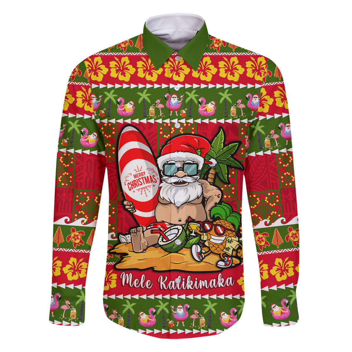 Personalised Hawaii Surfing Santa Christmas Family Matching Off Shoulder Long Sleeve Dress and Hawaiian Shirt Tropical Pineapple Mele Kalikimaka Quilt Pattern LT14 Dad's Shirt - Long Sleeve Red - Polynesian Pride