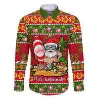 Personalised Hawaii Surfing Santa Christmas Family Matching Off Shoulder Maxi Dress and Hawaiian Shirt Tropical Pineapple Mele Kalikimaka Quilt Pattern LT14 Dad's Shirt - Long Sleeve Red - Polynesian Pride