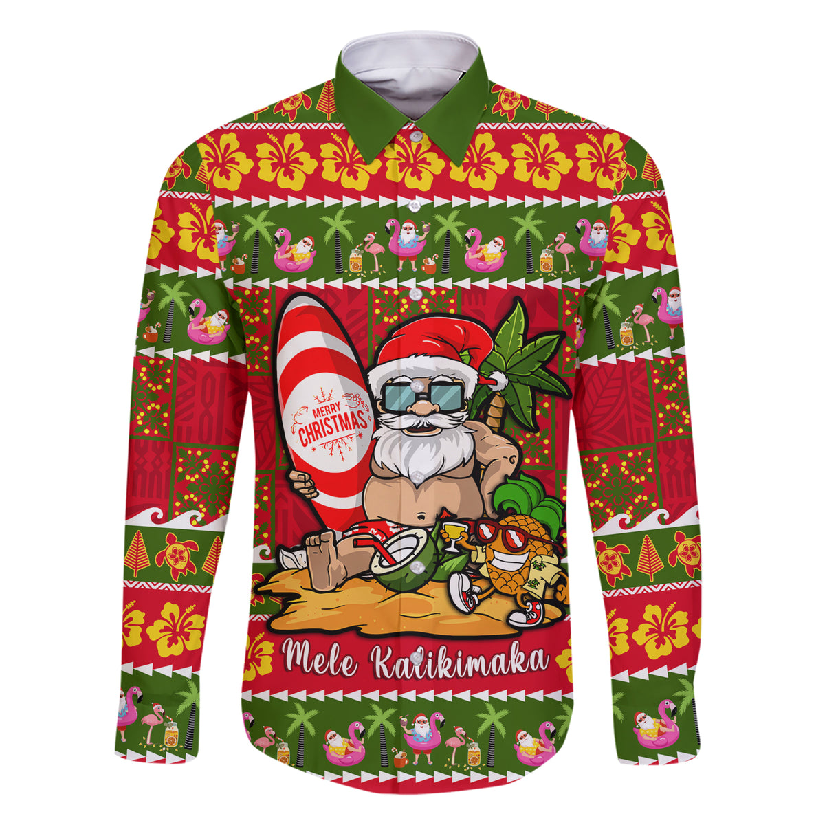 Personalised Hawaii Surfing Santa Christmas Family Matching Short Sleeve Bodycon Dress and Hawaiian Shirt Tropical Pineapple Mele Kalikimaka Quilt Pattern LT14 Dad's Shirt - Long Sleeve Red - Polynesian Pride