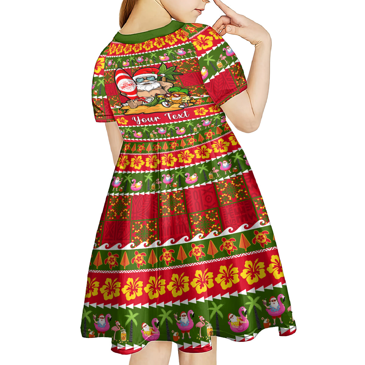 Personalised Hawaii Surfing Santa Christmas Kid Short Sleeve Dress Tropical Pineapple Mele Kalikimaka Quilt Pattern LT14 - Polynesian Pride