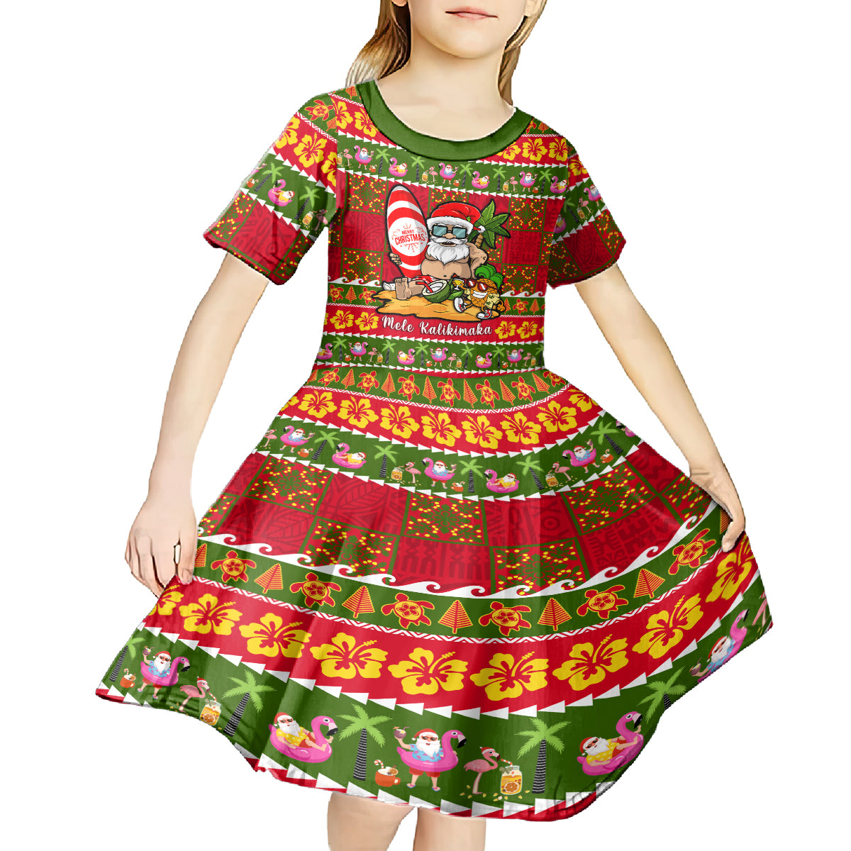 Personalised Hawaii Surfing Santa Christmas Kid Short Sleeve Dress Tropical Pineapple Mele Kalikimaka Quilt Pattern LT14 - Polynesian Pride