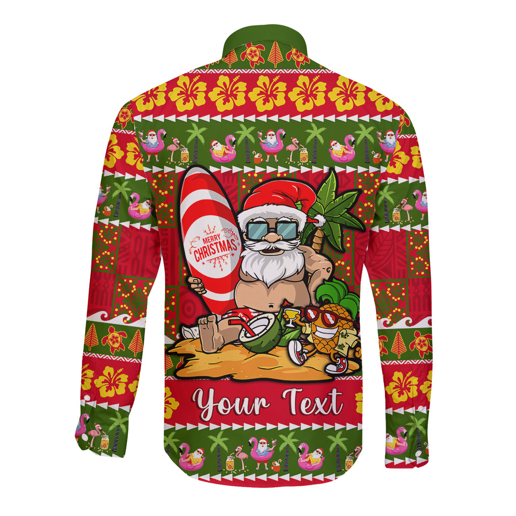 Personalised Hawaii Surfing Santa Christmas Long Sleeve Button Shirt Tropical Pineapple Mele Kalikimaka Quilt Pattern LT14 - Polynesian Pride