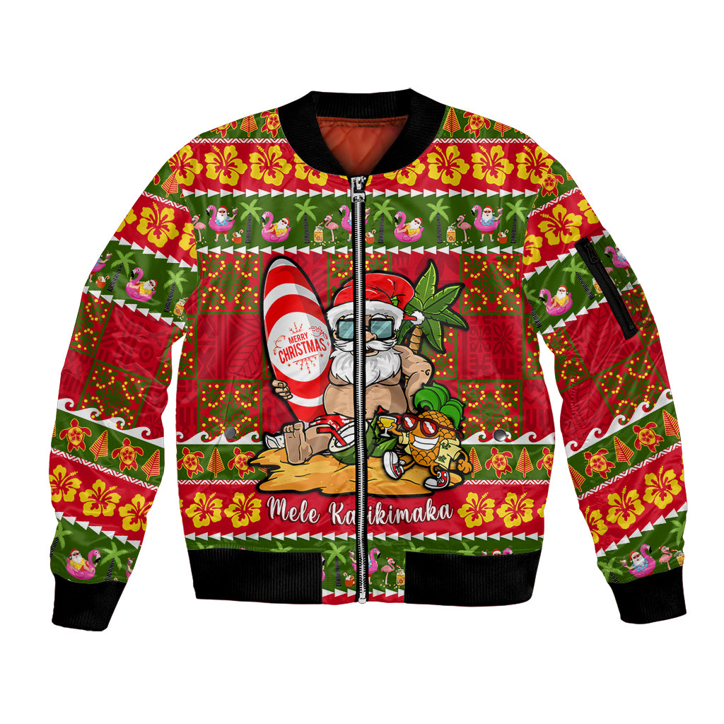 Personalised Hawaii Surfing Santa Christmas Sleeve Zip Bomber Jacket Tropical Pineapple Mele Kalikimaka Quilt Pattern LT14 Unisex Red - Polynesian Pride