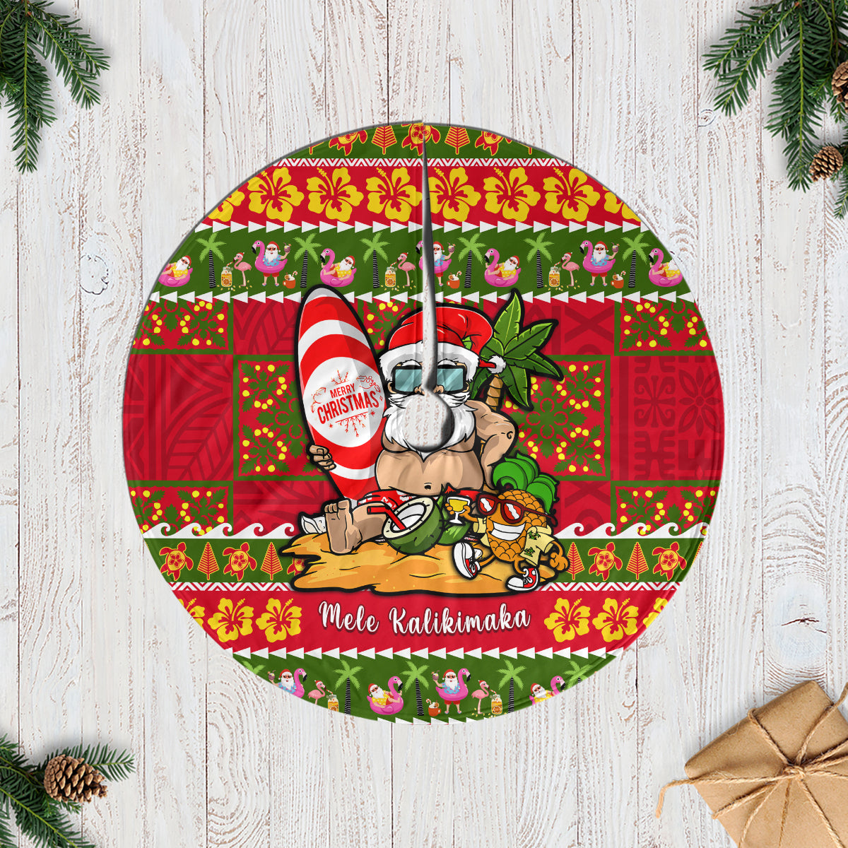 Hawaii Surfing Santa Christmas Tree Skirt Tropical Pineapple Mele Kalikimaka Quilt Pattern LT14 Casual Tree Skirts Red - Polynesian Pride