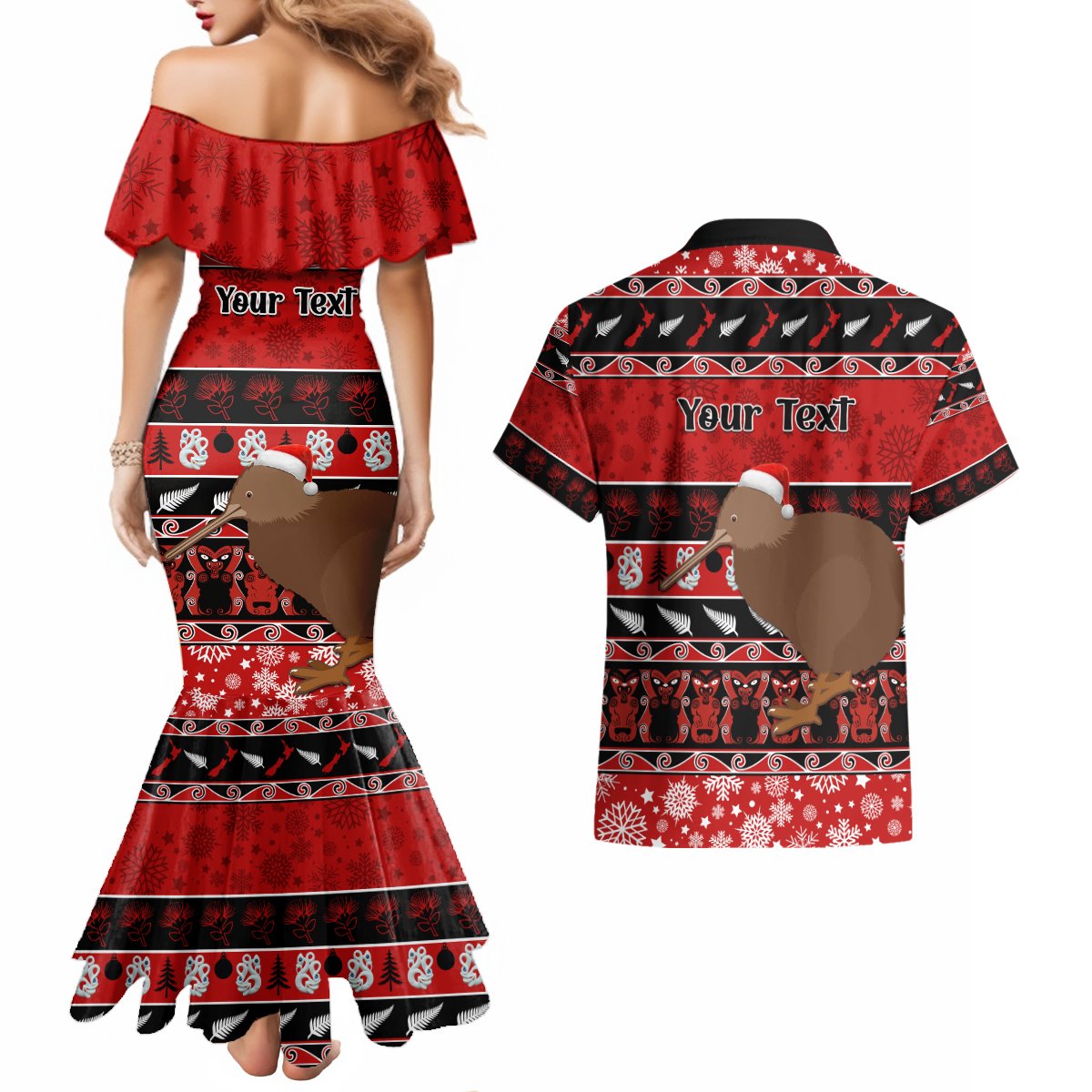 Personalised New Zealand Christmas Couples Matching Mermaid Dress and Hawaiian Shirt Aotearoa Kiwi Meri Kirihimete Red Version LT14 - Polynesian Pride