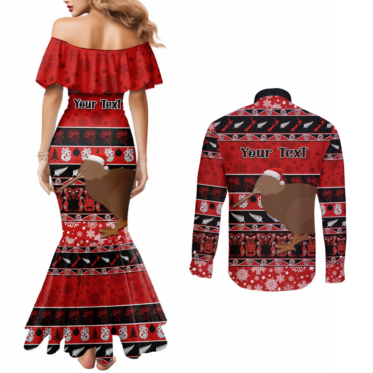 Personalised New Zealand Christmas Couples Matching Mermaid Dress and Long Sleeve Button Shirt Aotearoa Kiwi Meri Kirihimete Red Version LT14 - Polynesian Pride