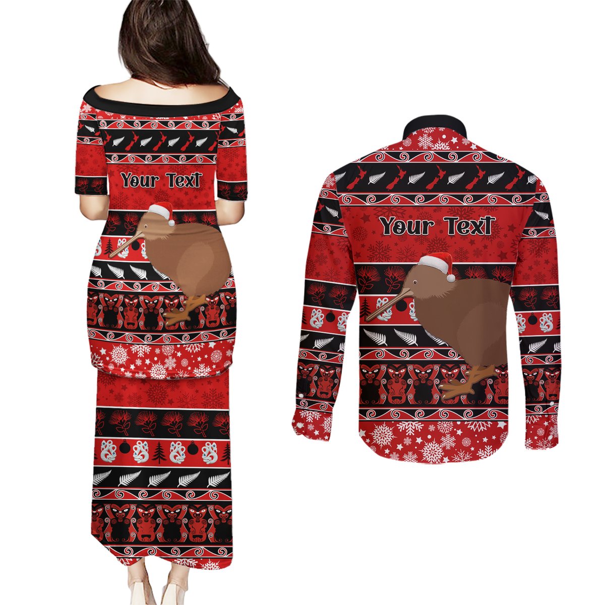 Personalised New Zealand Christmas Couples Matching Puletasi Dress and Long Sleeve Button Shirt Aotearoa Kiwi Meri Kirihimete Red Version LT14 - Polynesian Pride