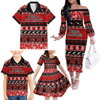 Personalised New Zealand Christmas Family Matching Off Shoulder Long Sleeve Dress and Hawaiian Shirt Aotearoa Kiwi Meri Kirihimete Red Version LT14 - Polynesian Pride