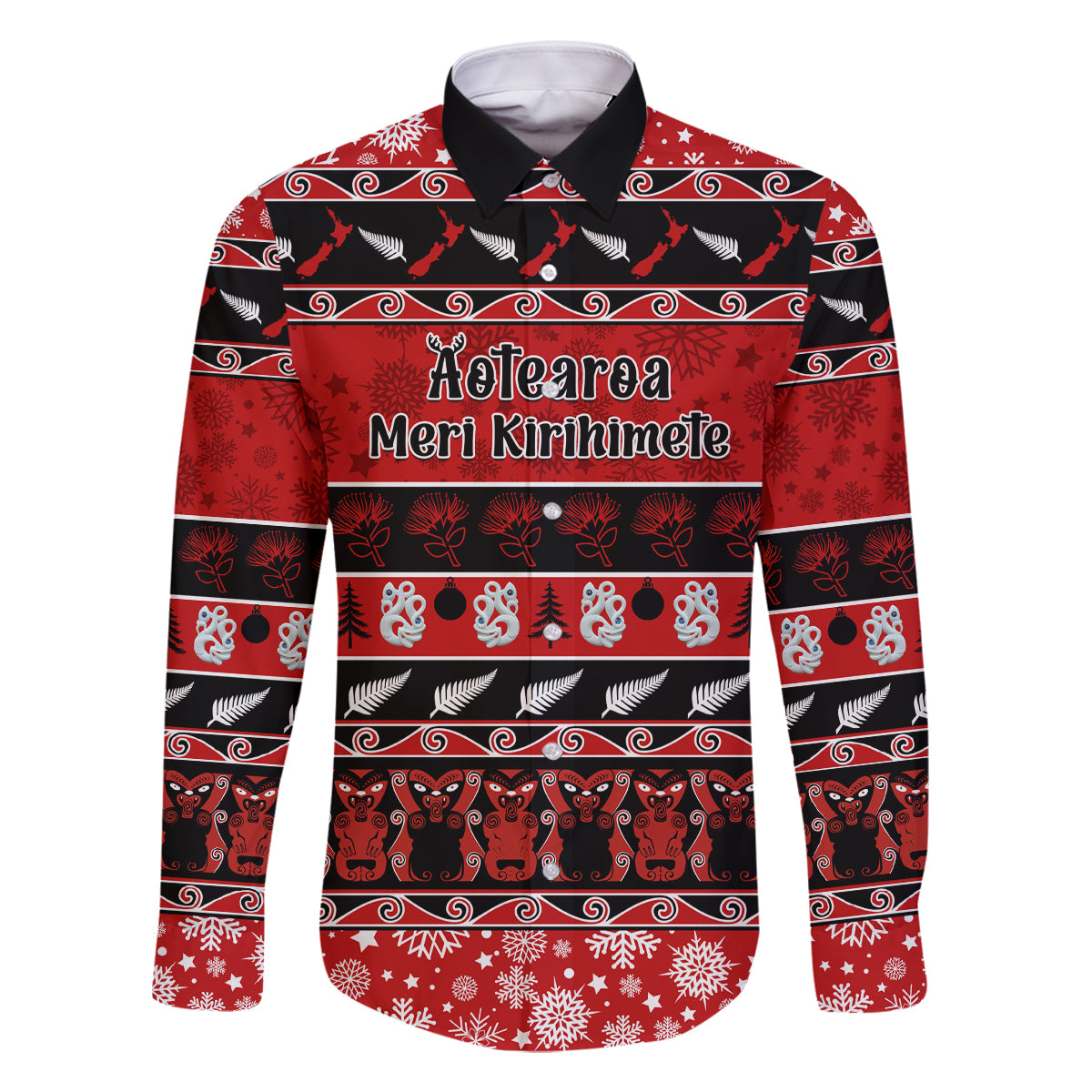 Personalised New Zealand Christmas Family Matching Off Shoulder Long Sleeve Dress and Hawaiian Shirt Aotearoa Kiwi Meri Kirihimete Red Version LT14 Dad's Shirt - Long Sleeve Red - Polynesian Pride