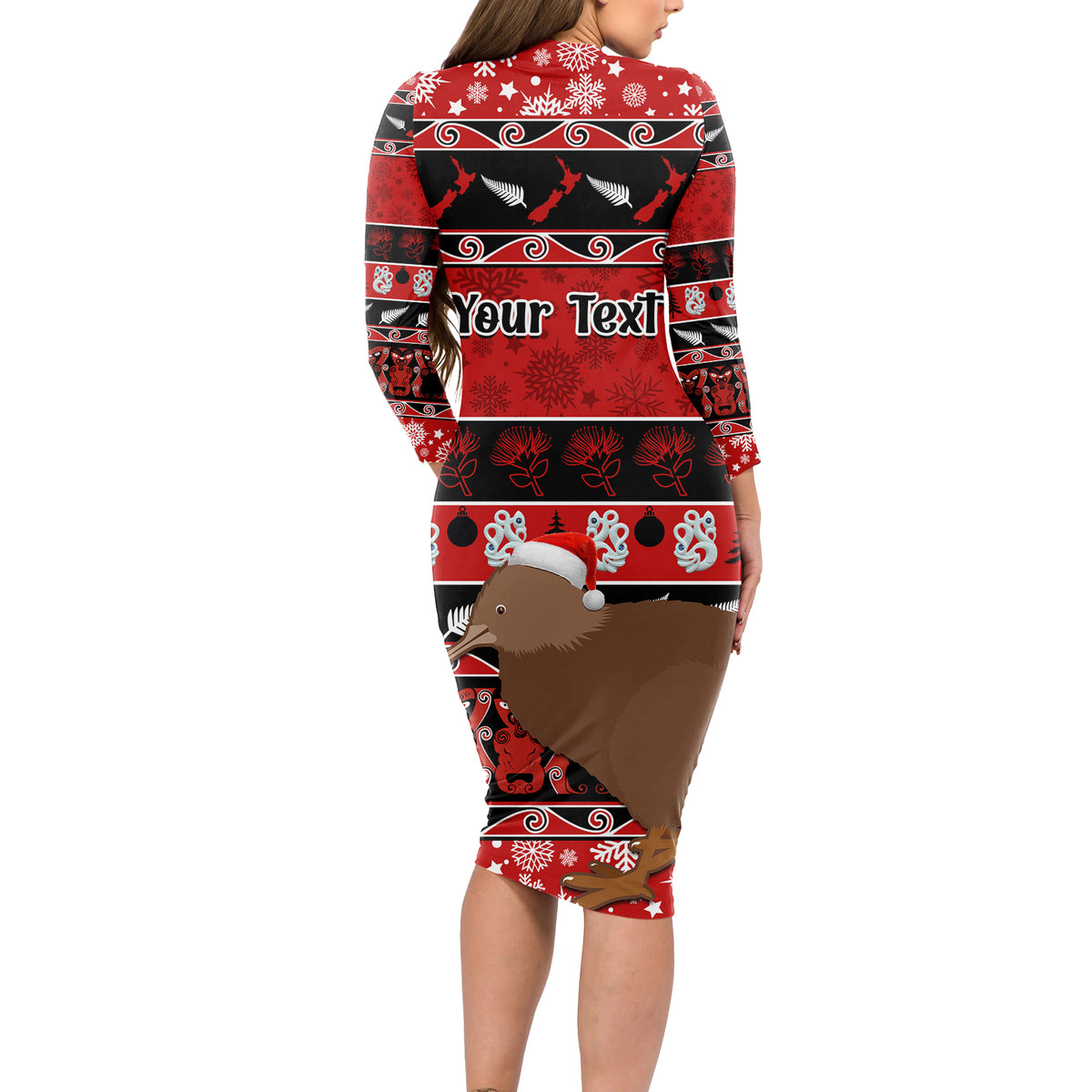 Personalised New Zealand Christmas Long Sleeve Bodycon Dress Aotearoa Kiwi Meri Kirihimete Red Version LT14 - Polynesian Pride
