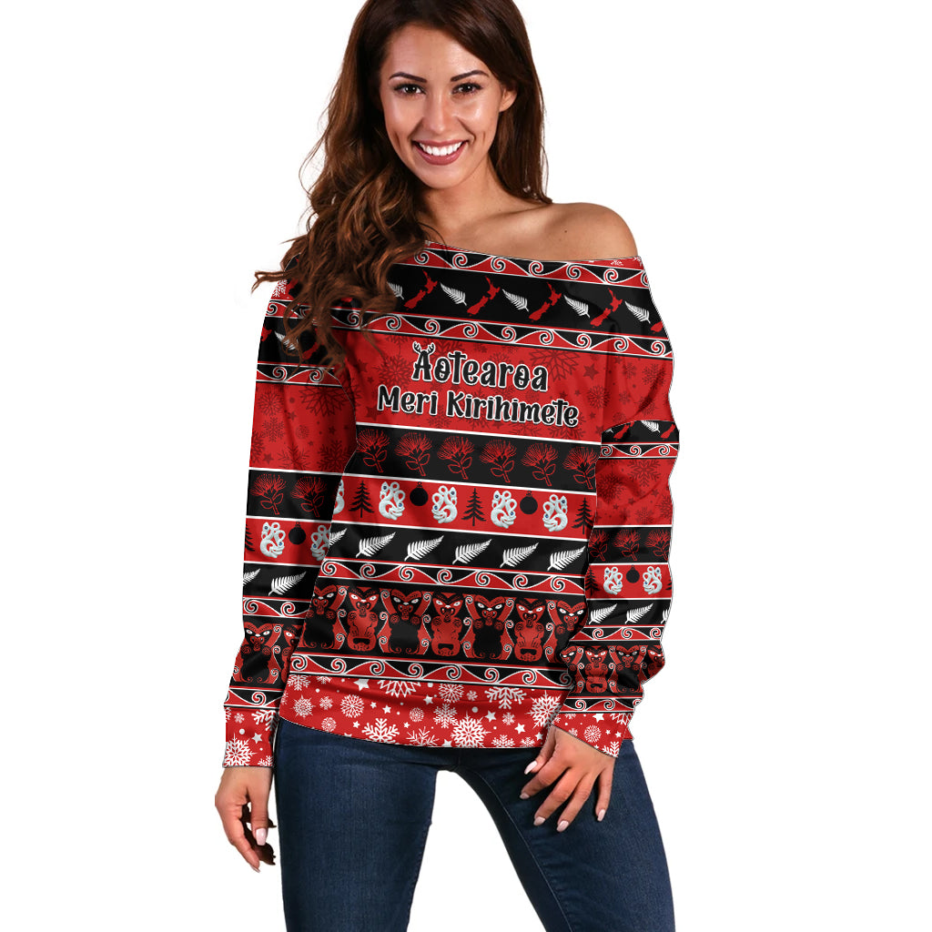 Personalised New Zealand Christmas Off Shoulder Sweater Aotearoa Kiwi Meri Kirihimete Red Version LT14 Women Red - Polynesian Pride
