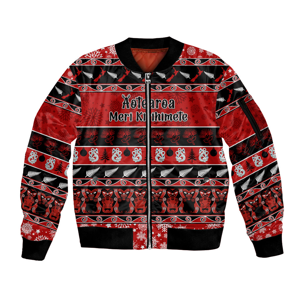 Personalised New Zealand Christmas Sleeve Zip Bomber Jacket Aotearoa Kiwi Meri Kirihimete Red Version LT14 Unisex Red - Polynesian Pride