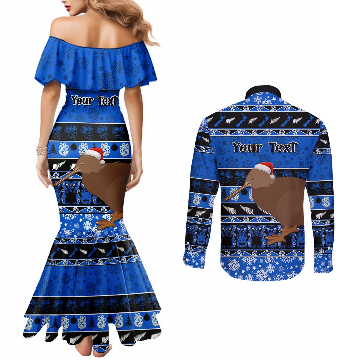 Personalised New Zealand Christmas Couples Matching Mermaid Dress and Long Sleeve Button Shirt Aotearoa Kiwi Meri Kirihimete Blue Version LT14 - Polynesian Pride
