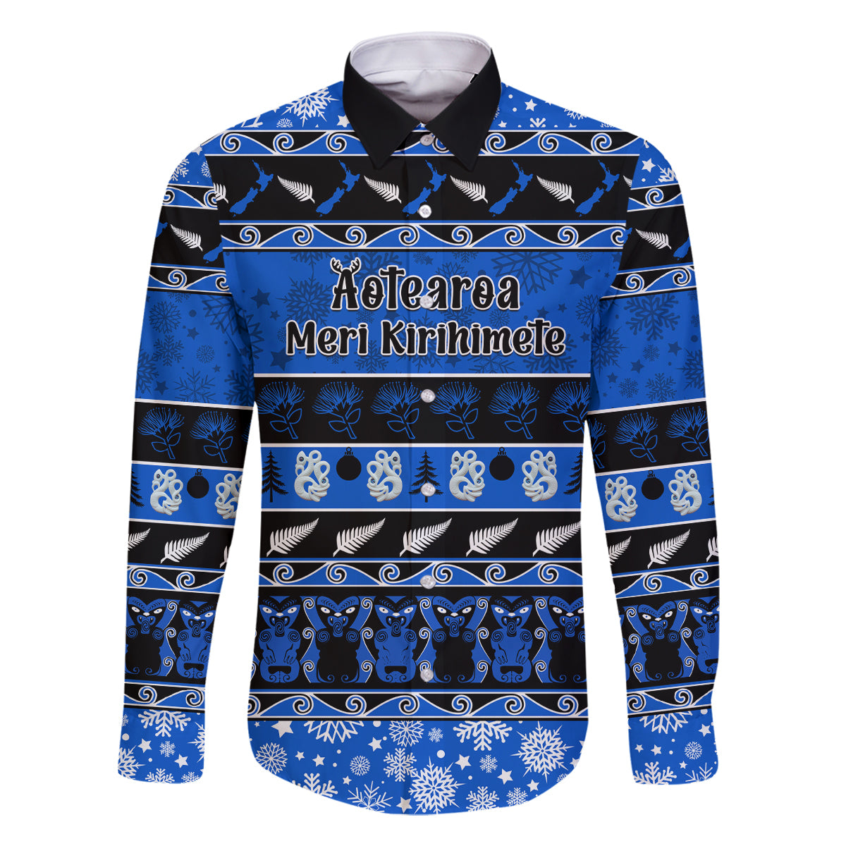 Personalised New Zealand Christmas Family Matching Off Shoulder Maxi Dress and Hawaiian Shirt Aotearoa Kiwi Meri Kirihimete Blue Version LT14 Dad's Shirt - Long Sleeve Blue - Polynesian Pride