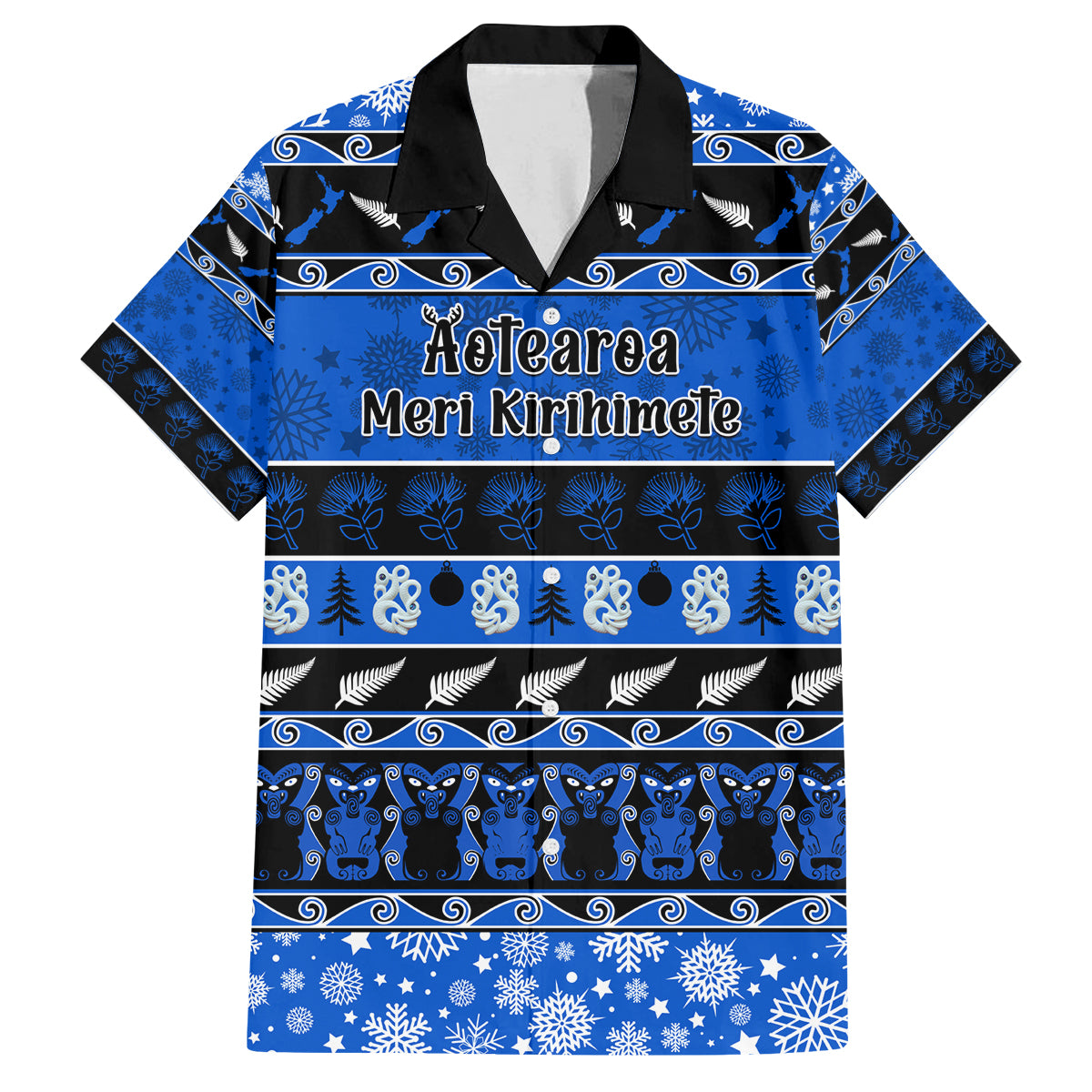 Personalised New Zealand Christmas Family Matching Off Shoulder Short Dress and Hawaiian Shirt Aotearoa Kiwi Meri Kirihimete Blue Version LT14 Dad's Shirt - Short Sleeve Blue - Polynesian Pride