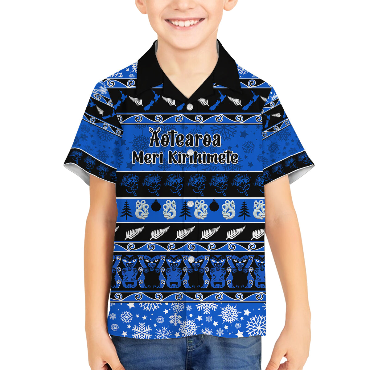Personalised New Zealand Christmas Family Matching Off Shoulder Short Dress and Hawaiian Shirt Aotearoa Kiwi Meri Kirihimete Blue Version LT14 Son's Shirt Blue - Polynesian Pride