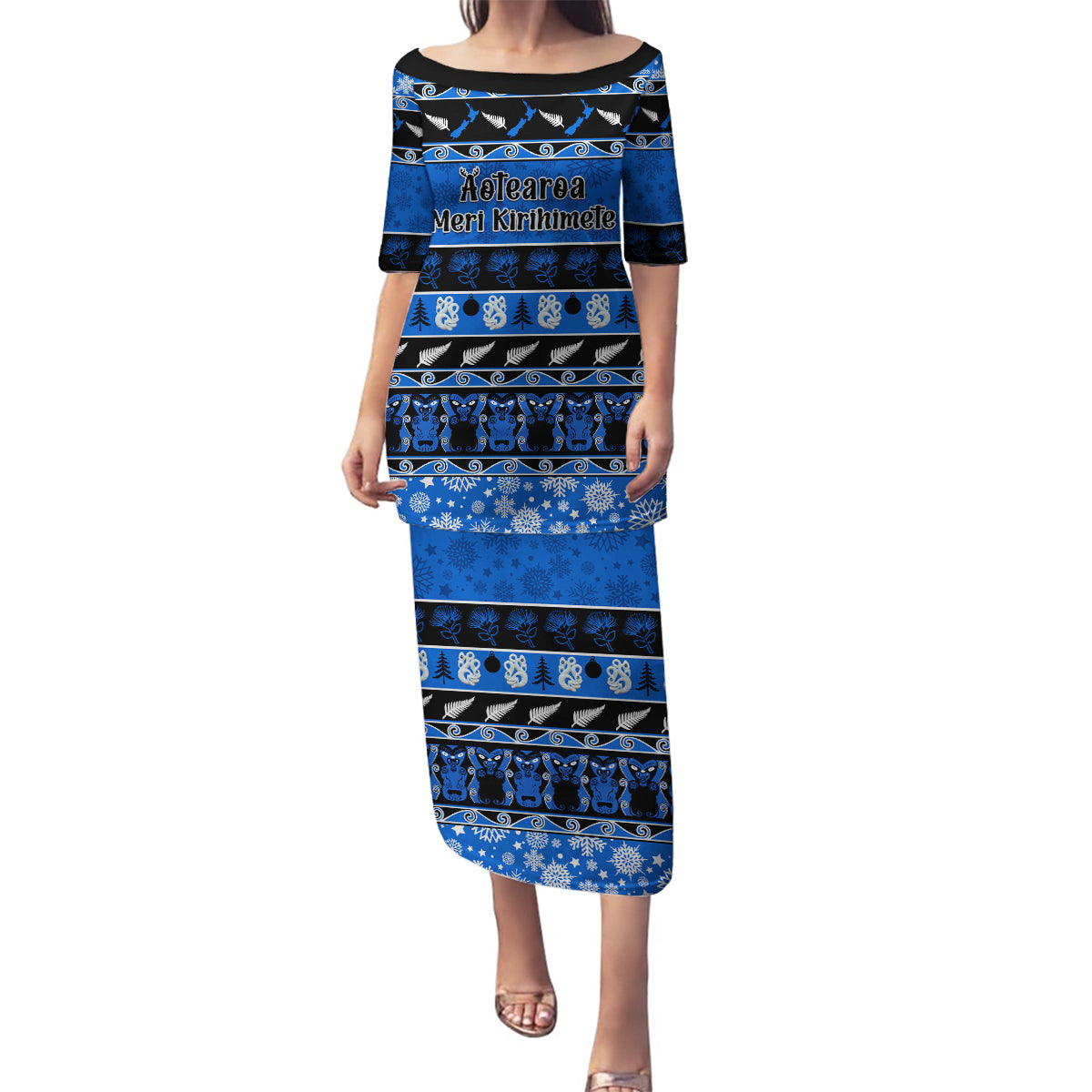Personalised New Zealand Christmas Family Matching Puletasi Dress and Hawaiian Shirt Aotearoa Kiwi Meri Kirihimete Blue Version LT14 Mom's Dress Blue - Polynesian Pride