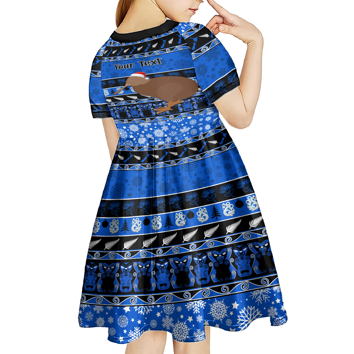 Personalised New Zealand Christmas Kid Short Sleeve Dress Aotearoa Kiwi Meri Kirihimete Blue Version LT14 - Polynesian Pride