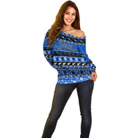 Personalised New Zealand Christmas Off Shoulder Sweater Aotearoa Kiwi Meri Kirihimete Blue Version LT14 - Polynesian Pride