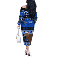 Personalised New Zealand Christmas Off The Shoulder Long Sleeve Dress Aotearoa Kiwi Meri Kirihimete Blue Version LT14 - Polynesian Pride