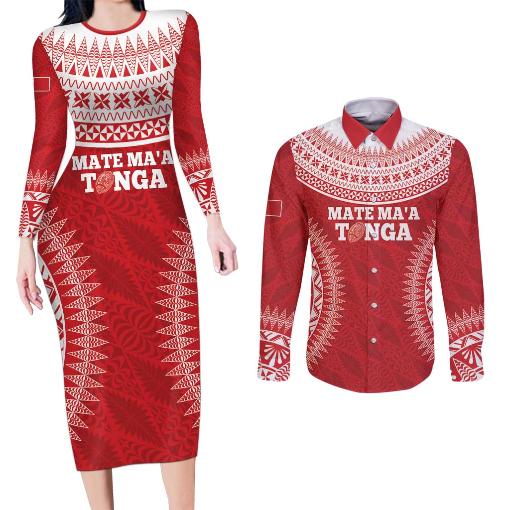 Custom Tonga Mate Maa Couples Matching Long Sleeve Bodycon Dress and Long Sleeve Button Shirt Go Champions Tongan Ngatu - Red