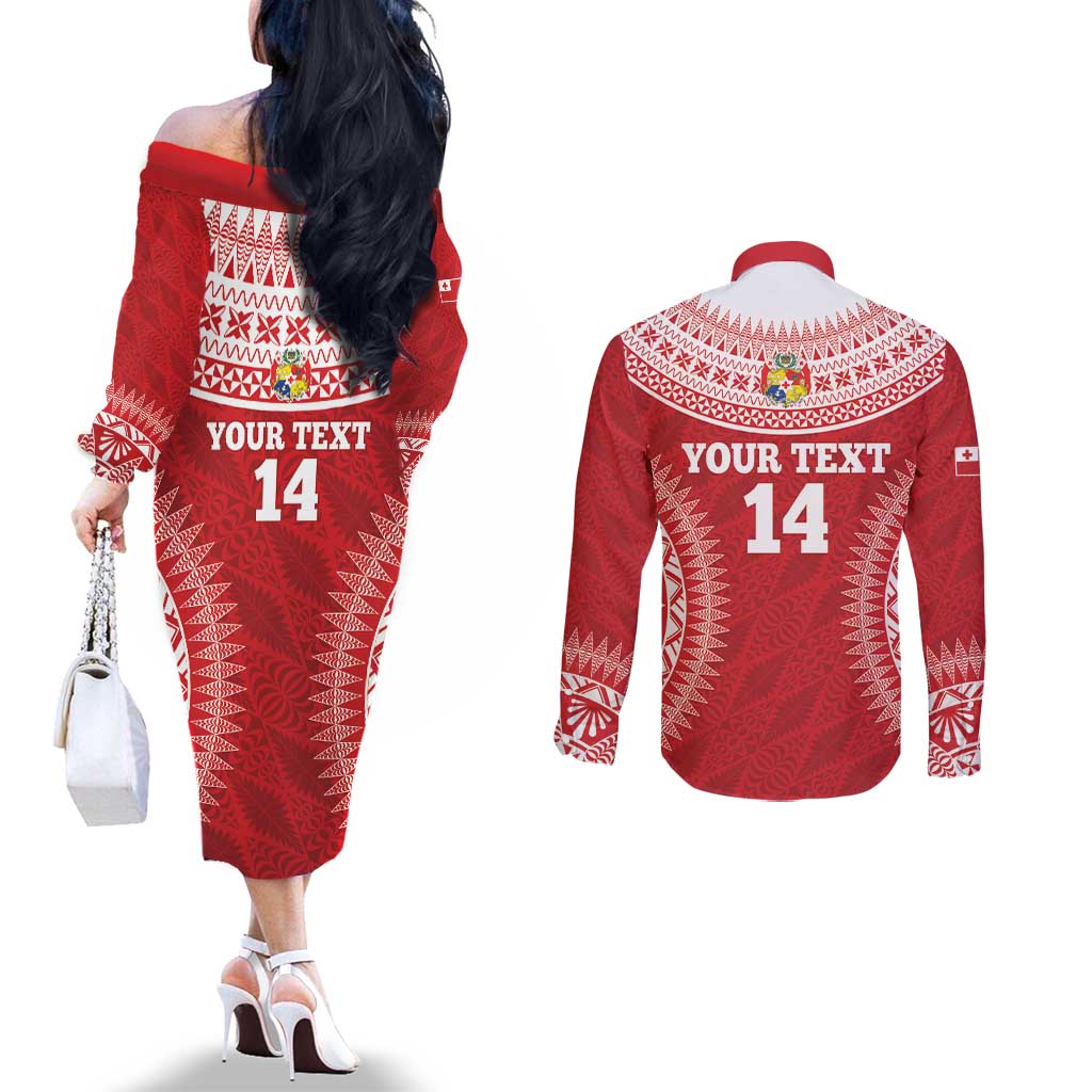 Custom Tonga Mate Maa Couples Matching Off The Shoulder Long Sleeve Dress and Long Sleeve Button Shirt Go Champions Tongan Ngatu - Red