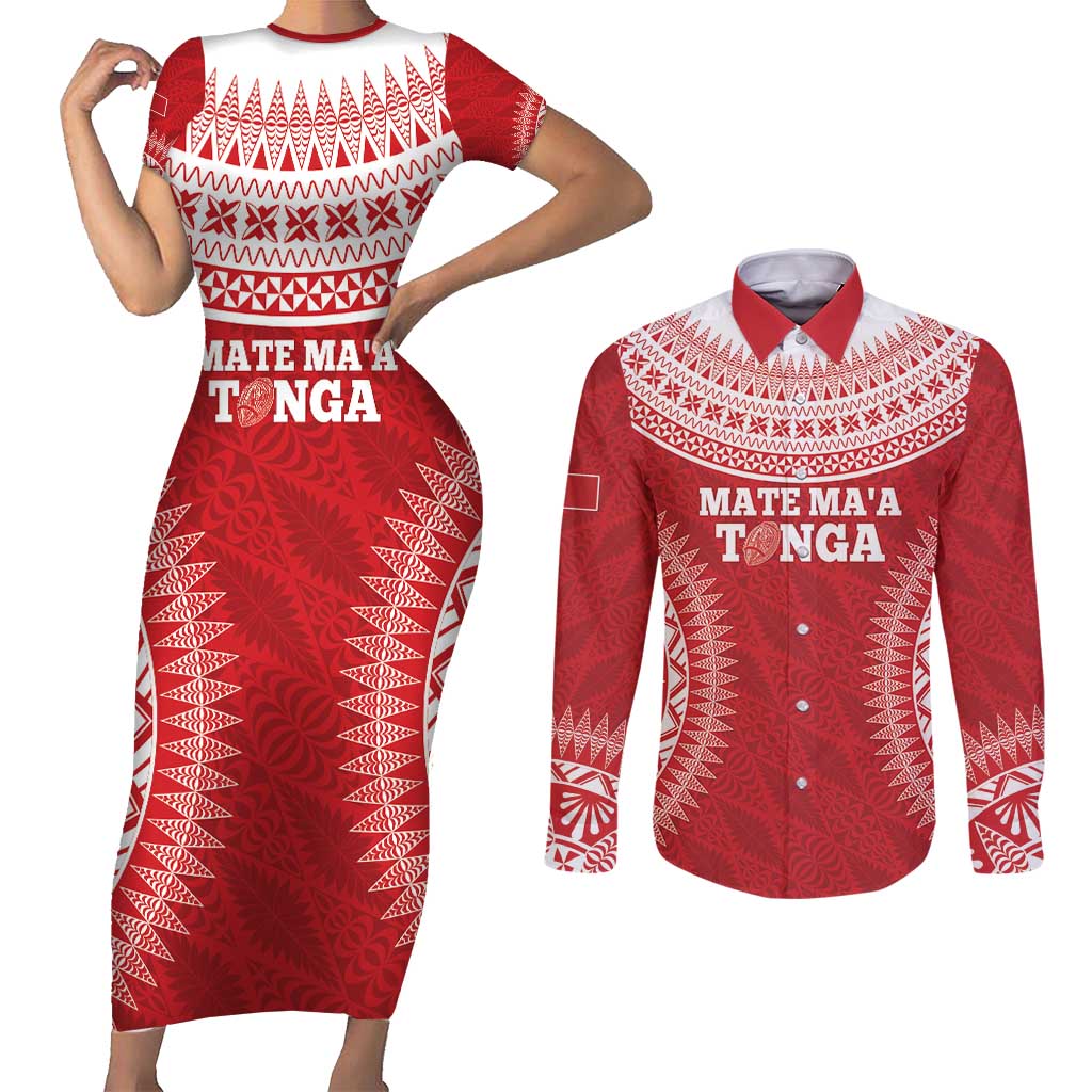 Custom Tonga Mate Maa Couples Matching Short Sleeve Bodycon Dress and Long Sleeve Button Shirt Go Champions Tongan Ngatu - Red